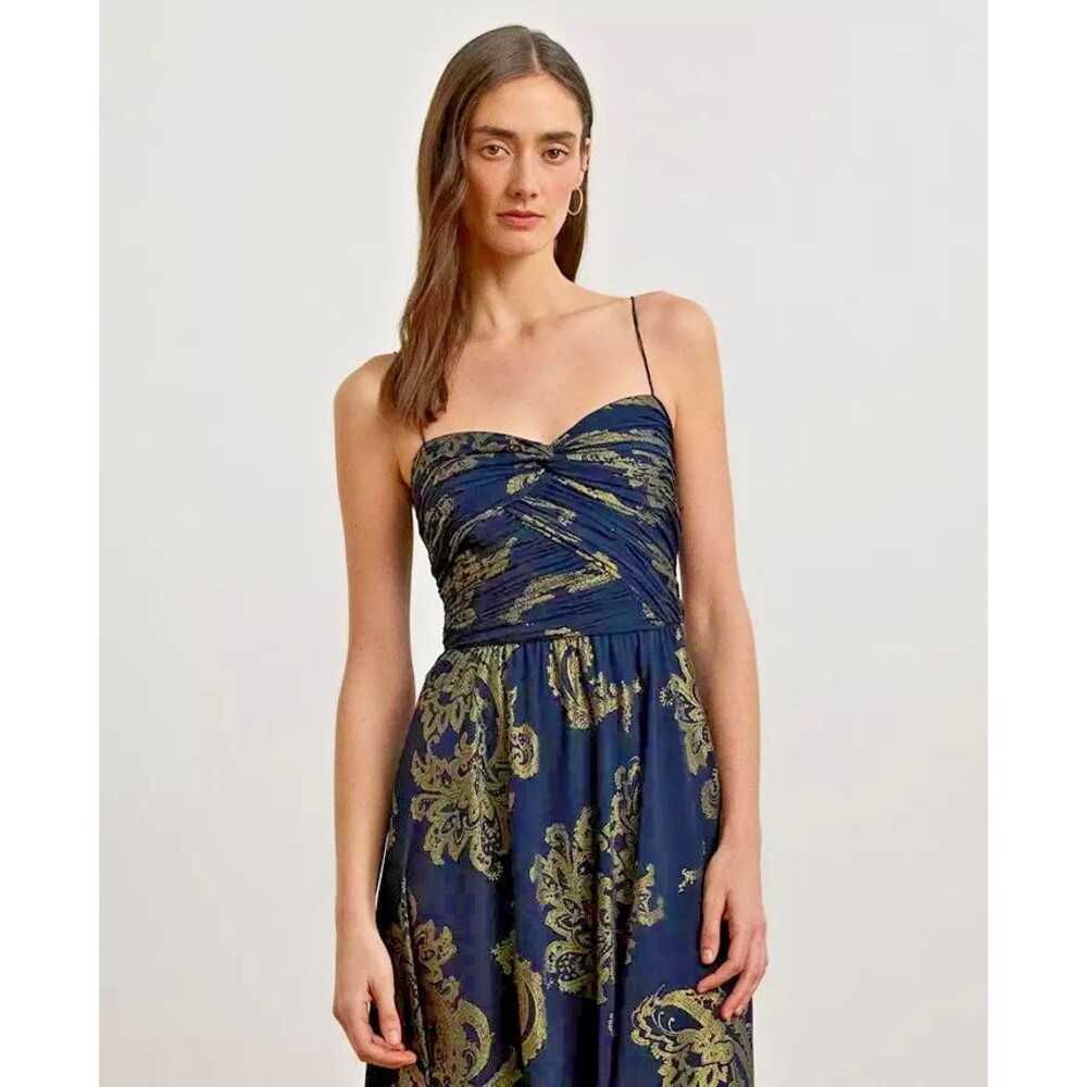 Lauren Ralph Lauren Women's Paisley Foiled Chiffon Sleeveless Gown Dress Navy 12 - Picture 6 of 14